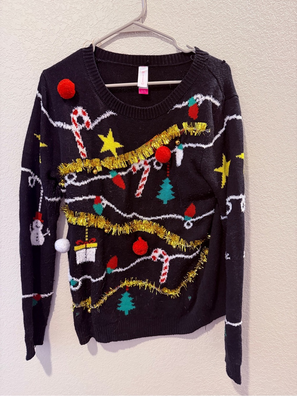 No Boundaries Black Holiday Sweater with Red Pom-Poms & Gold Tinsel